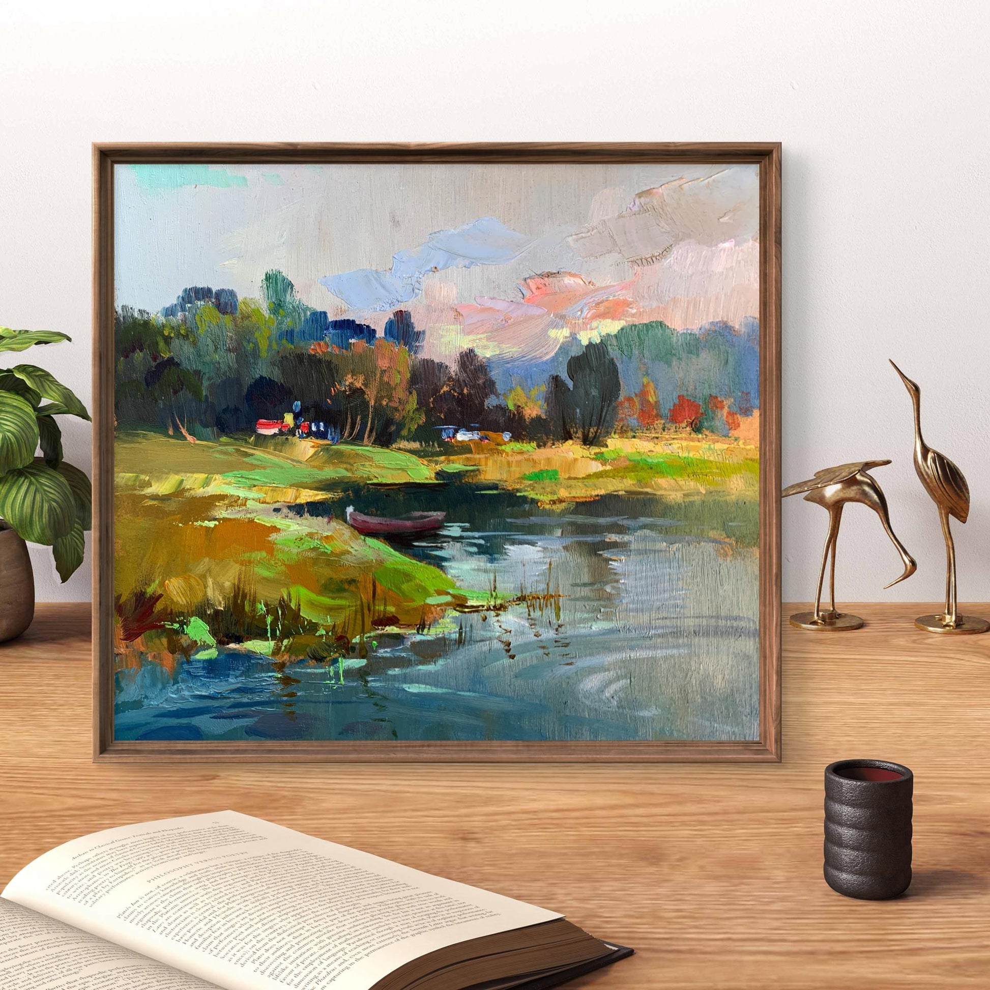 Framed impressionist oil painting On the Left Bank of the River by Yuriy Suprunchuk