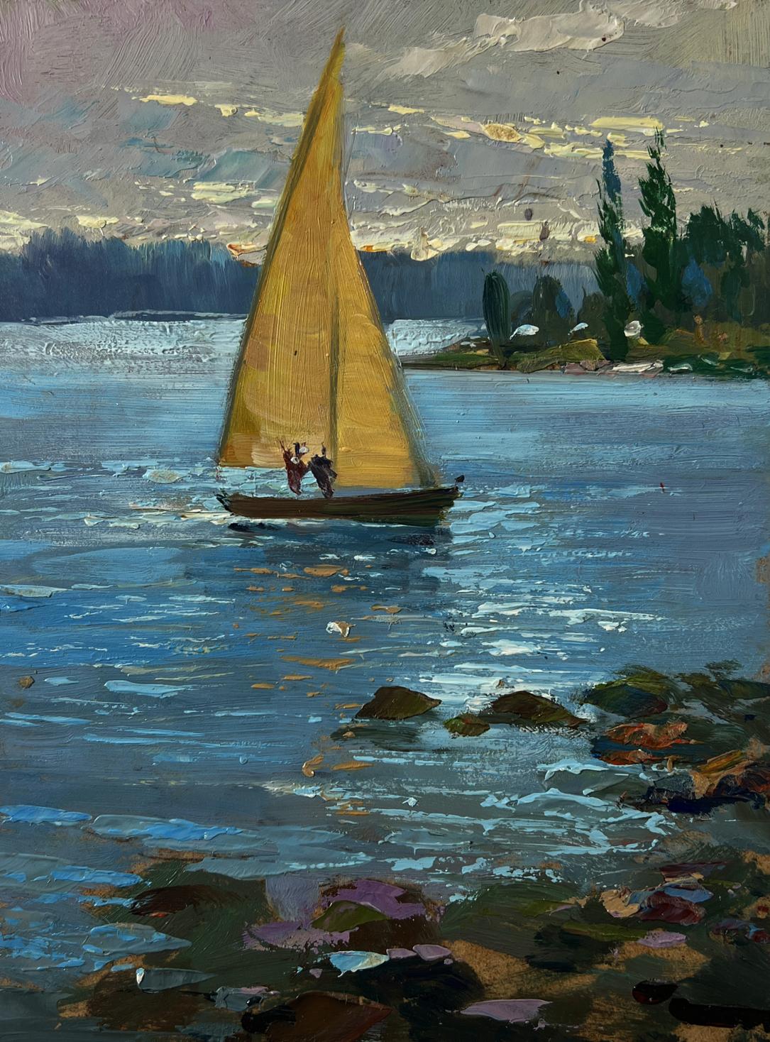 Oil painting of golden sailboat on river by Yuriy Suprunchuk