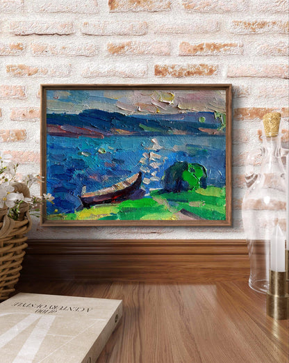 Oil painting of lonely boat on river bank by Pavel Dobrev, framed