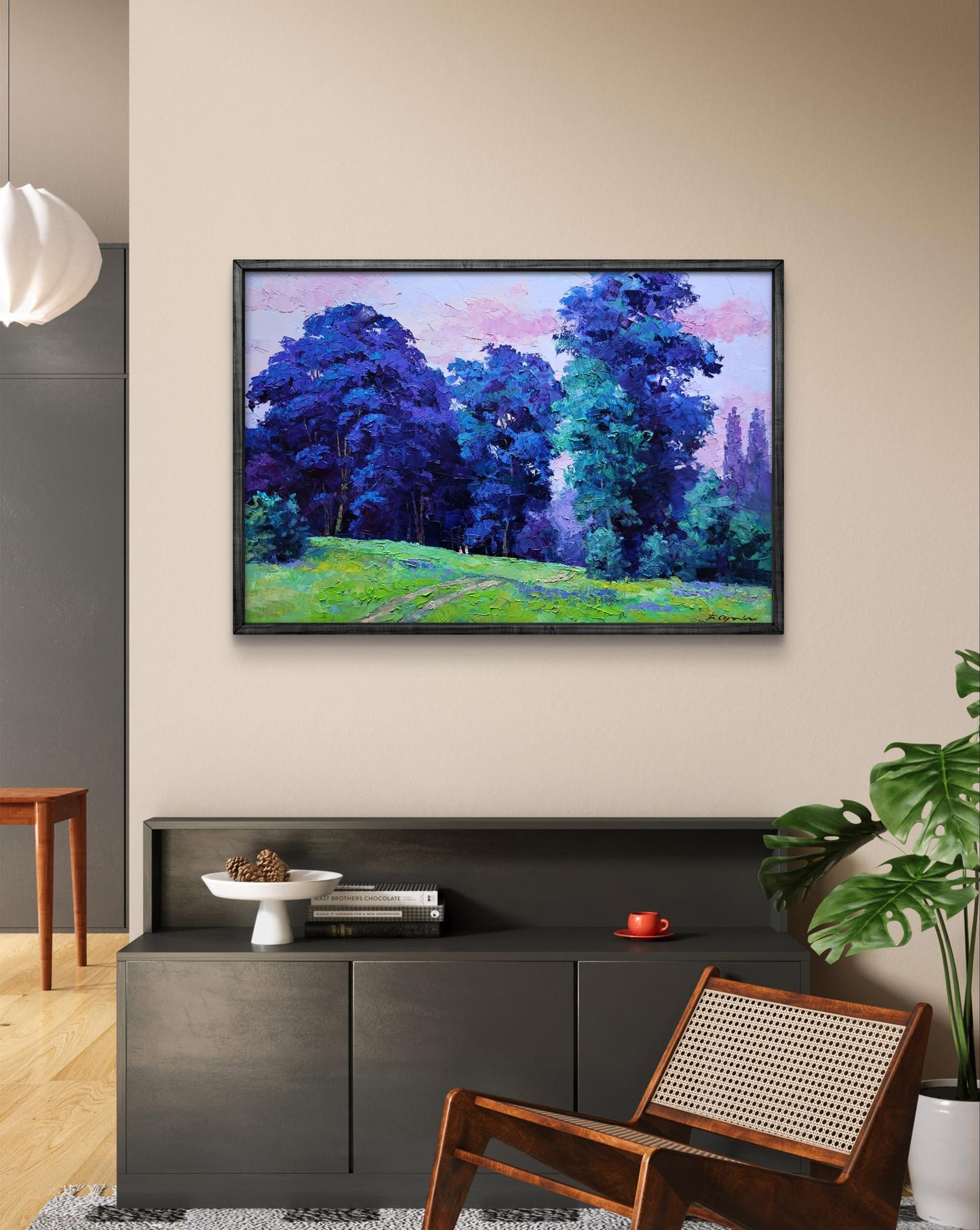Oil painting A meadow on the edge of the forest by Boris Serdyuk in black frame