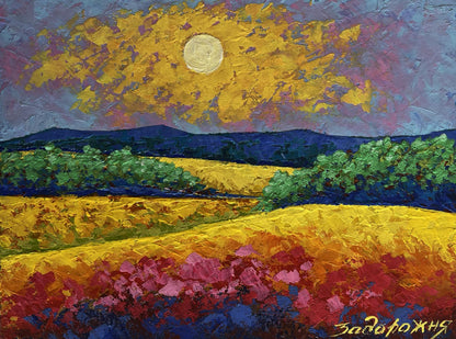 Vibrant impressionist oil painting Evening sun over the fields by V. Zadorozhnya