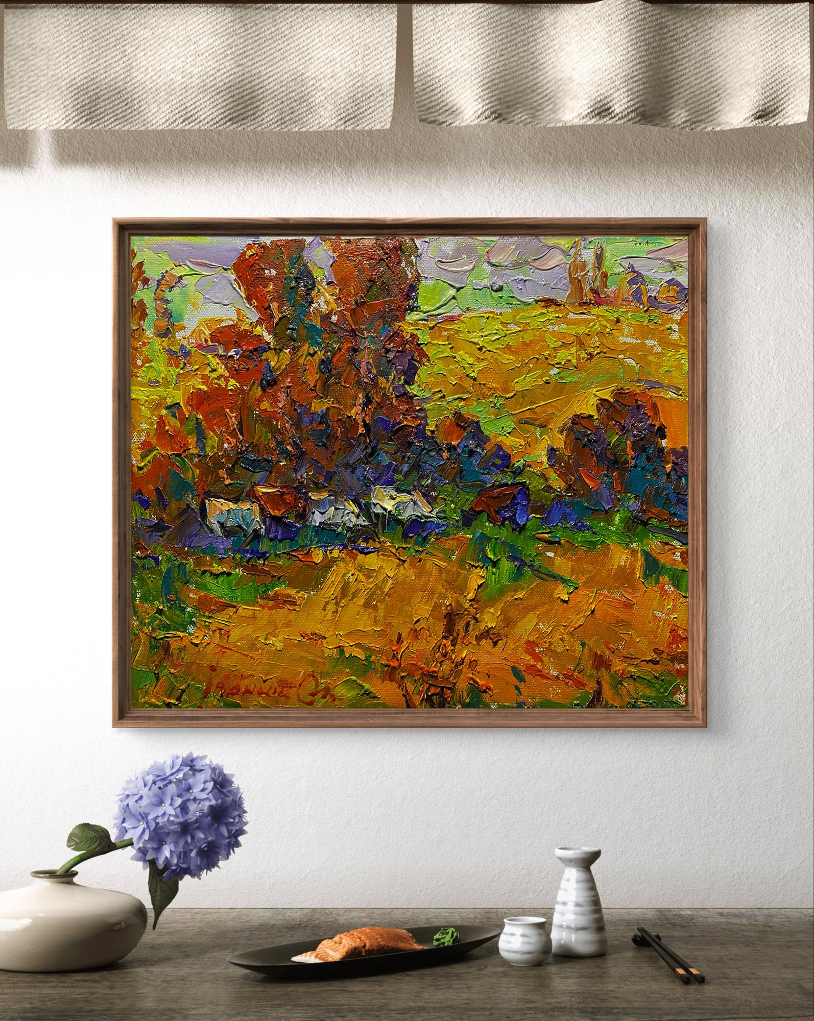 Oil painting Golden autumn meadows by Oleksiy Ivanyuk in wooden frame