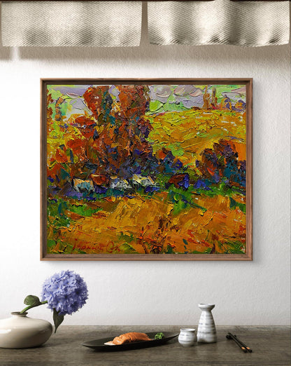 Oil painting Golden autumn meadows by Oleksiy Ivanyuk in wooden frame