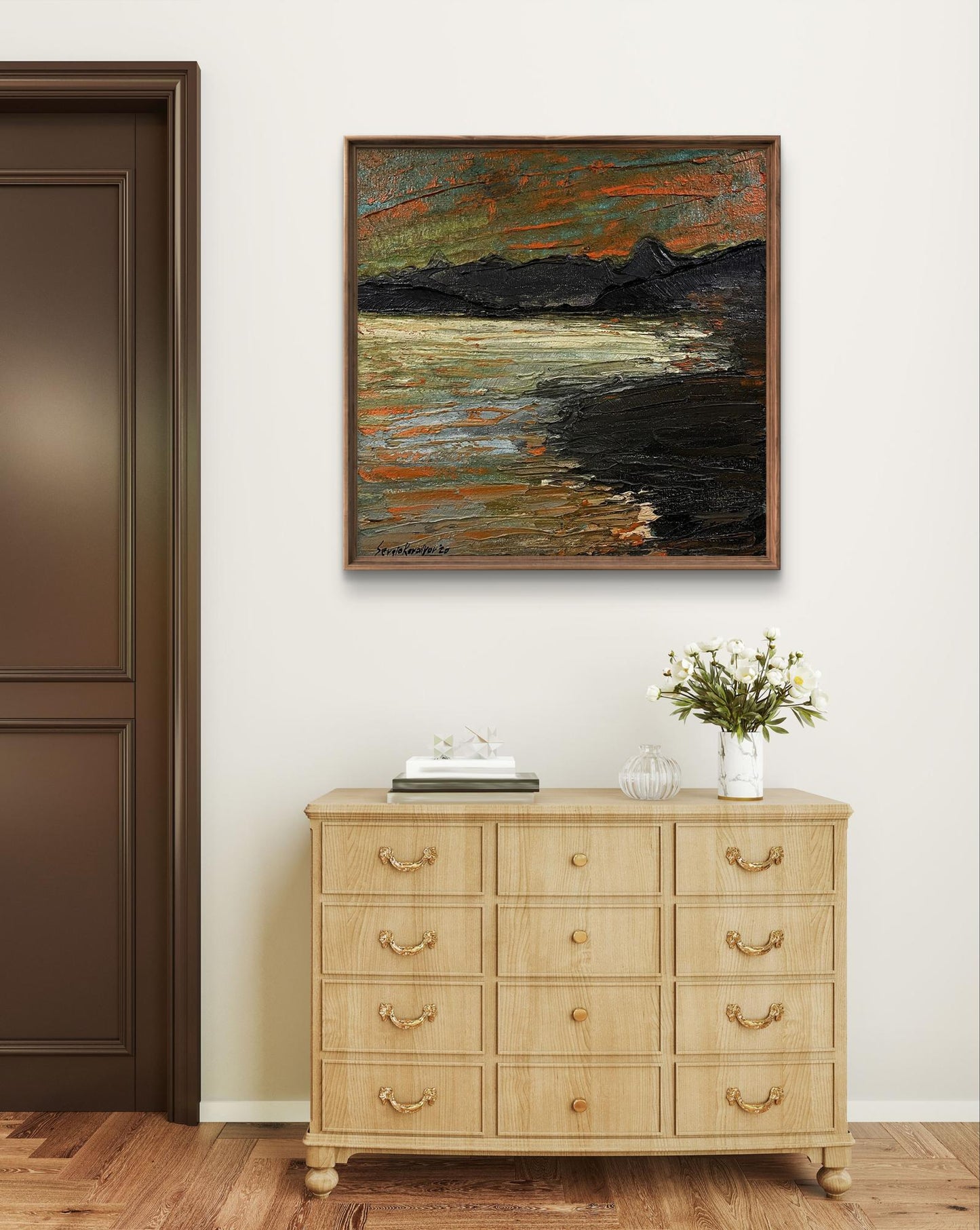 Framed Oil painting On the Other Side by Serhiy Kovalev, orange green black coastal abstract