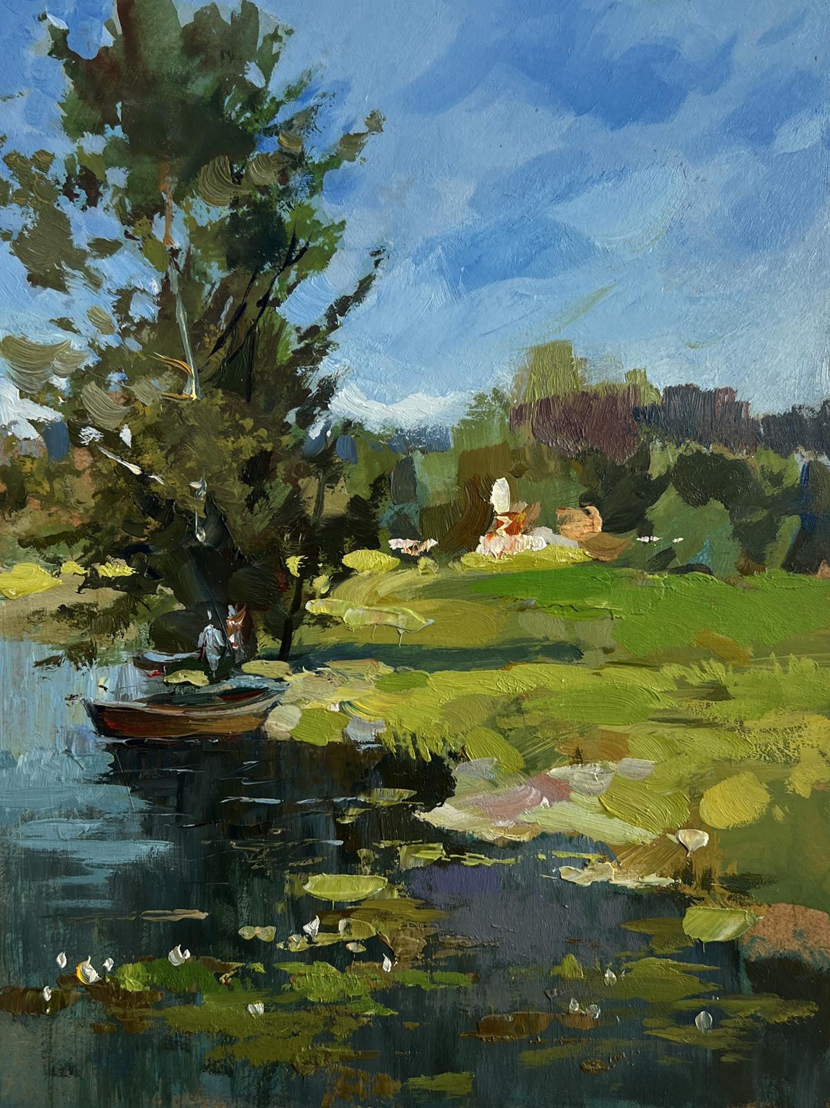 Serene impressionist oil painting of boat by lonely tree by Yuriy Suprunchuk