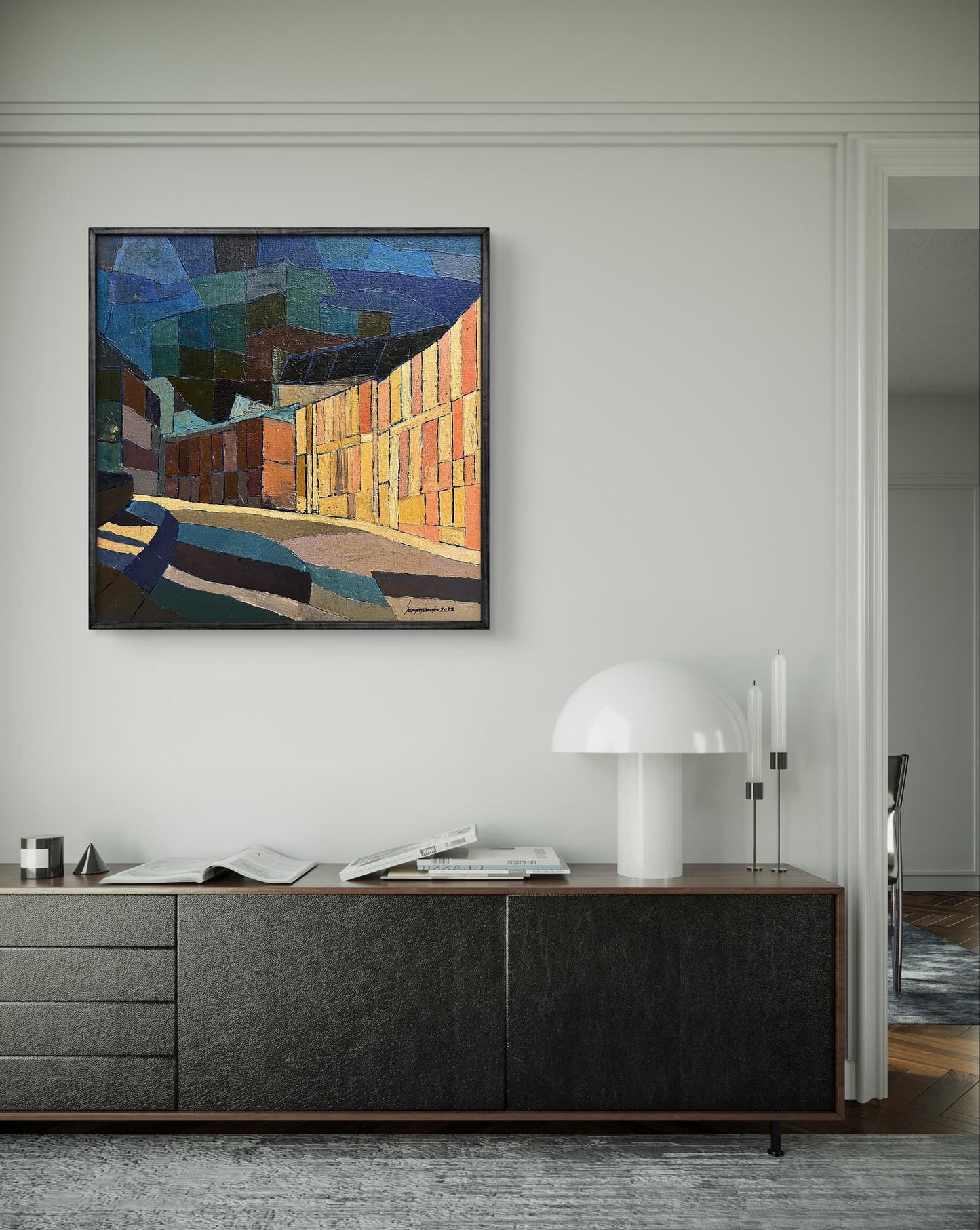 Oil painting Night city by Serhiy Kovalev, abstract geometric blues oranges greens framed