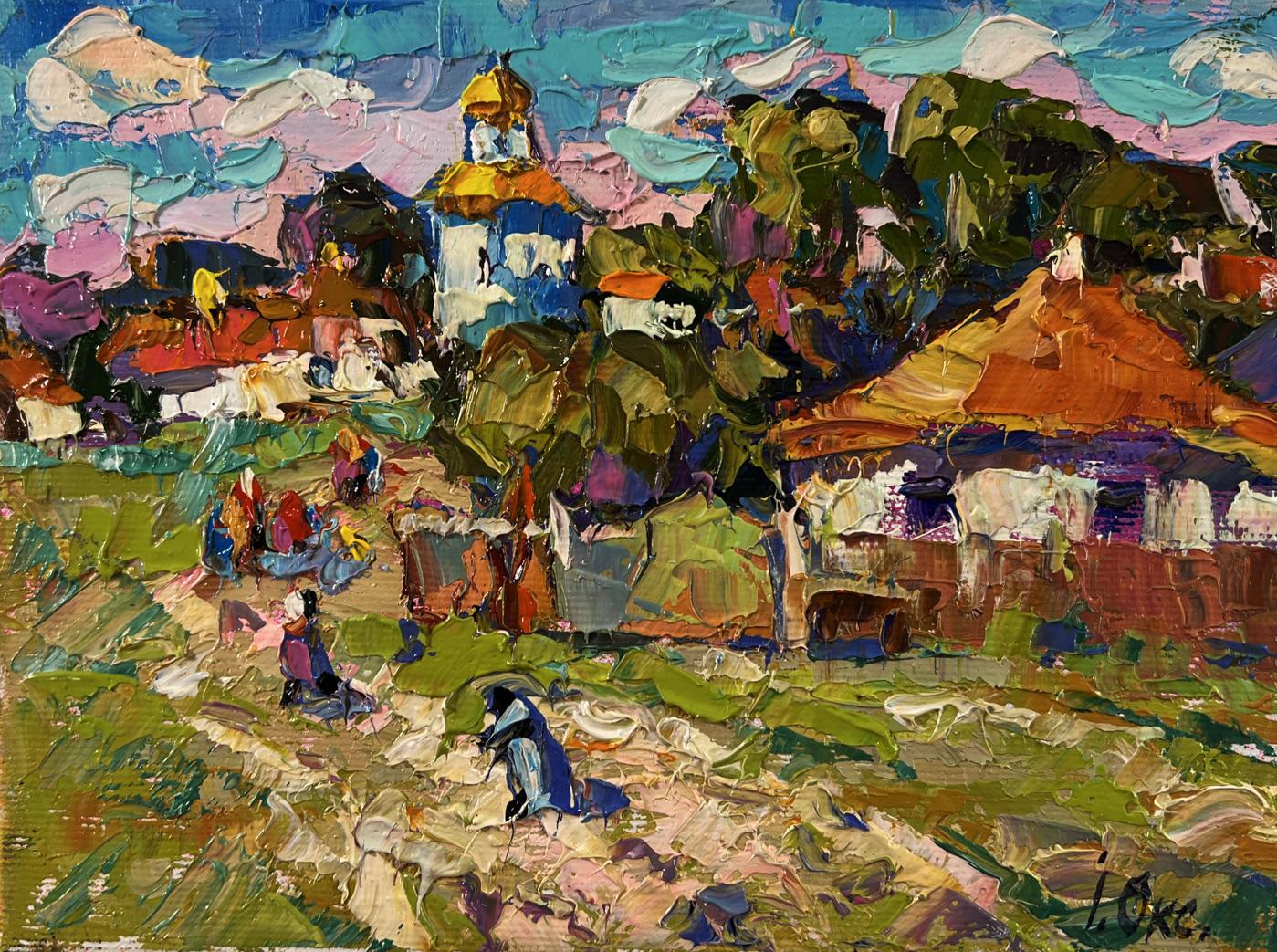 Vibrant impressionist oil painting of festive village day by Oksana Ivanyuk