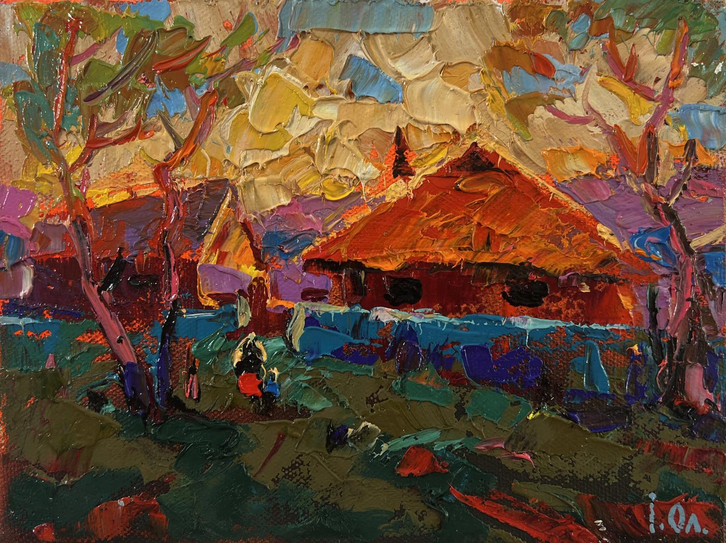 Oil painting Sunset village glow by Oleksiy Ivanyuk, thatched house in trees