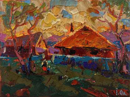Oil painting Sunset village glow by Oleksiy Ivanyuk, thatched house in trees