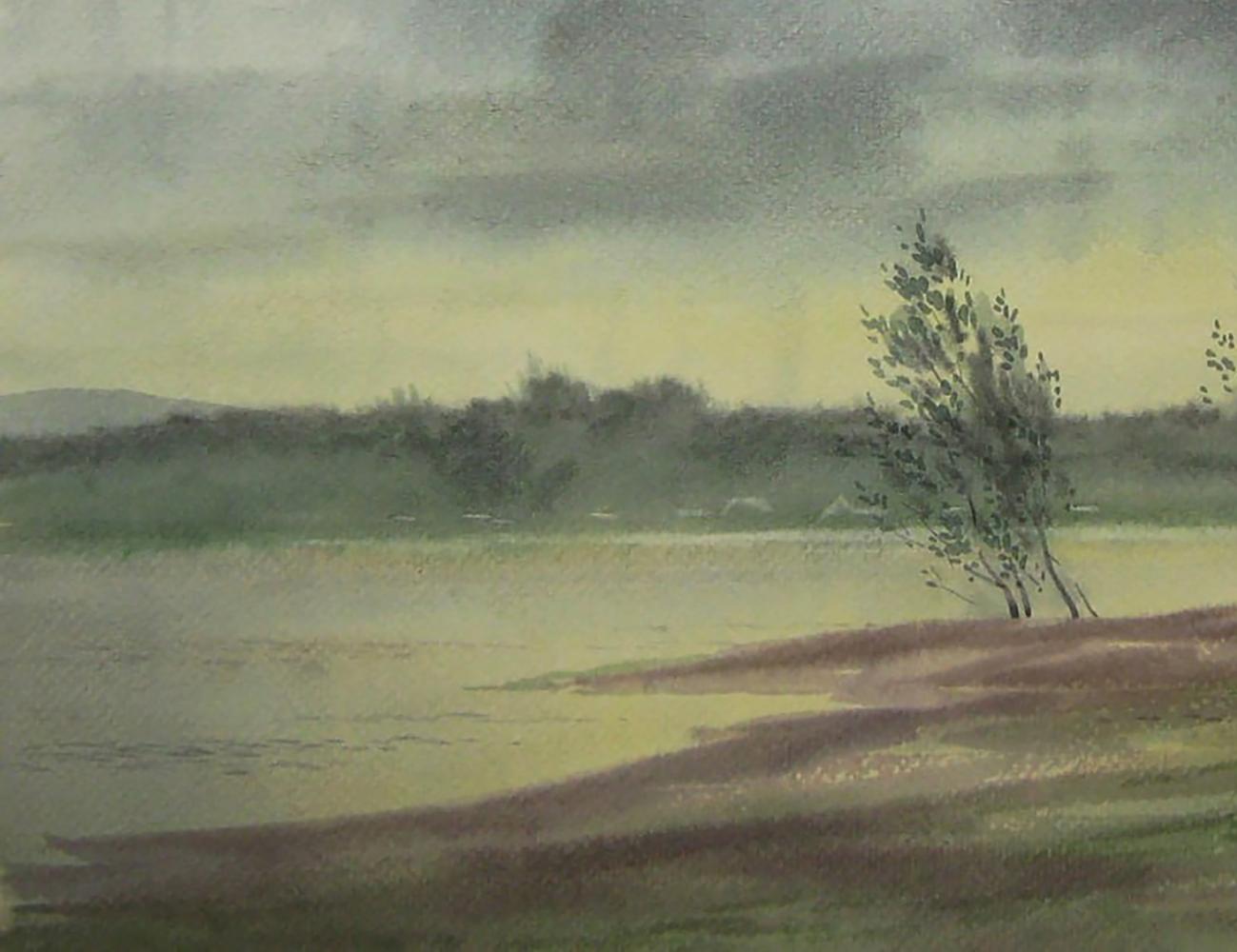 Watercolor painting of strong wind on the river by Valery Savenets