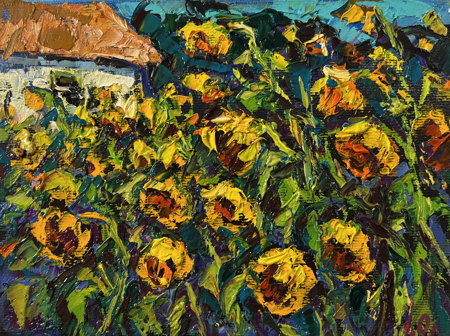Oil painting Field sunflowers by Oleksiy Ivanyuk, vibrant impasto yellow blooms