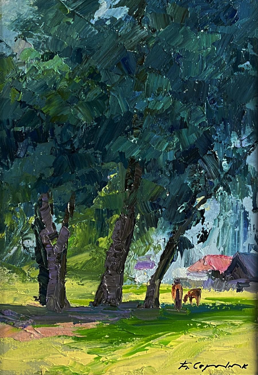 Vibrant impressionist oil painting of lush green trees near village by Boris Serdyuk