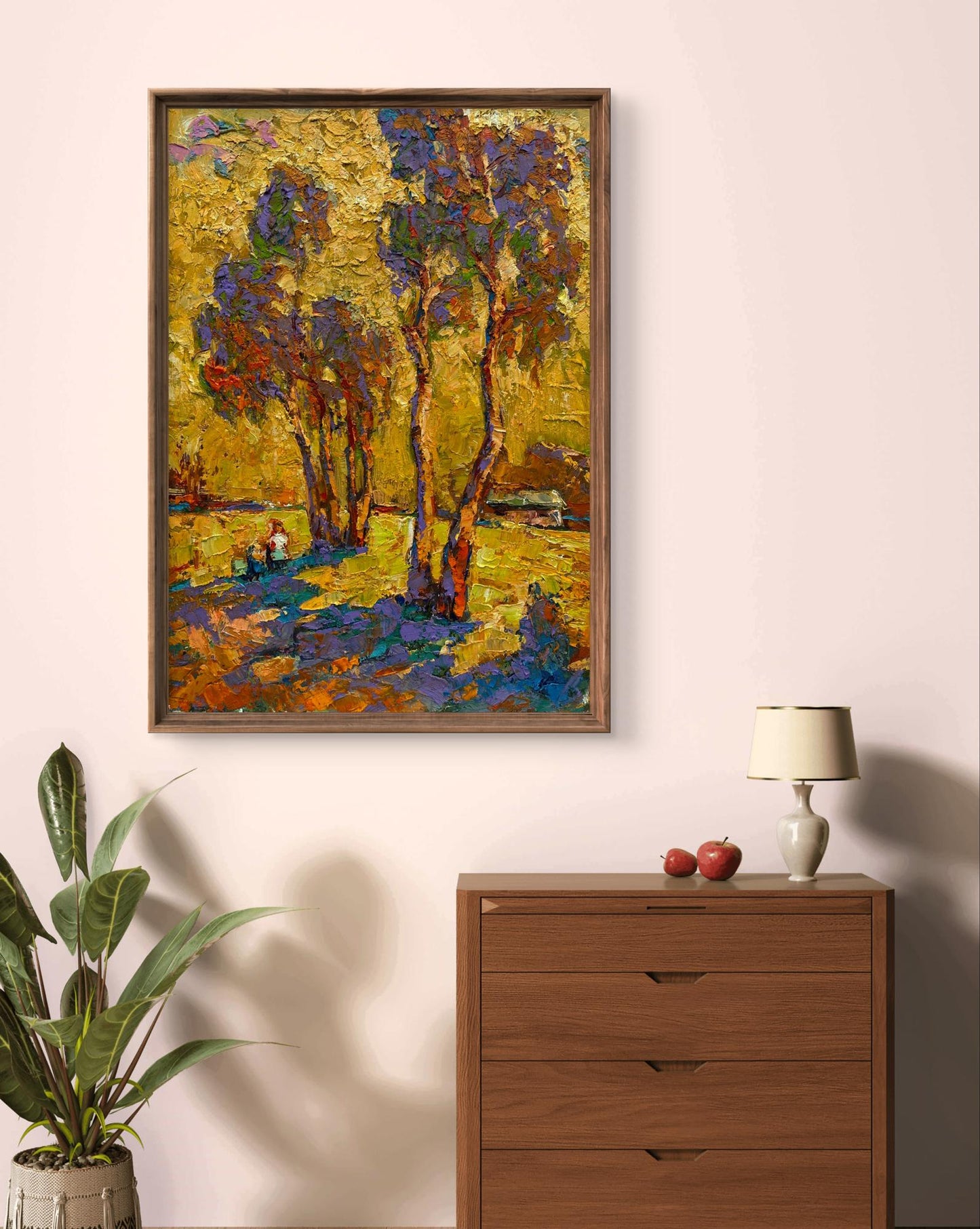 Framed Oleksiy Ivanyuk oil painting of impressionist pine trees in golden purple foliage on yellow background