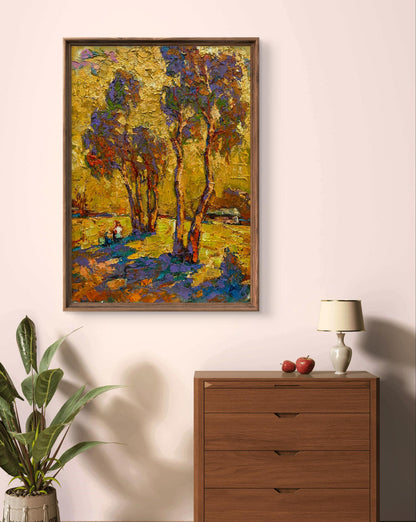 Framed Oleksiy Ivanyuk oil painting of impressionist pine trees in golden purple foliage on yellow background