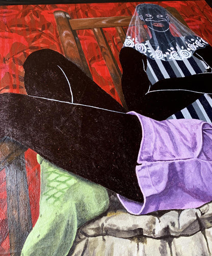 Stylized acrylic painting Under the veil of peace by Akintomide Akinshola, reclining woman in black velvet pants and purple skirt