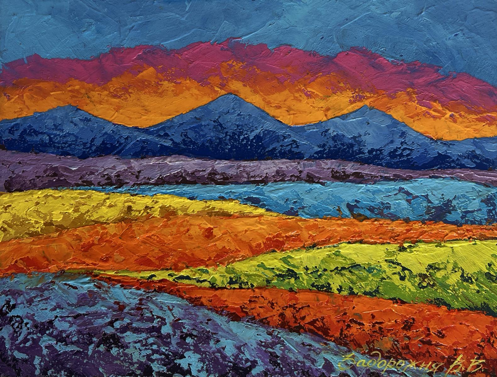 Vibrant oil painting of orange sunset behind mountains by V. Zadorozhnya