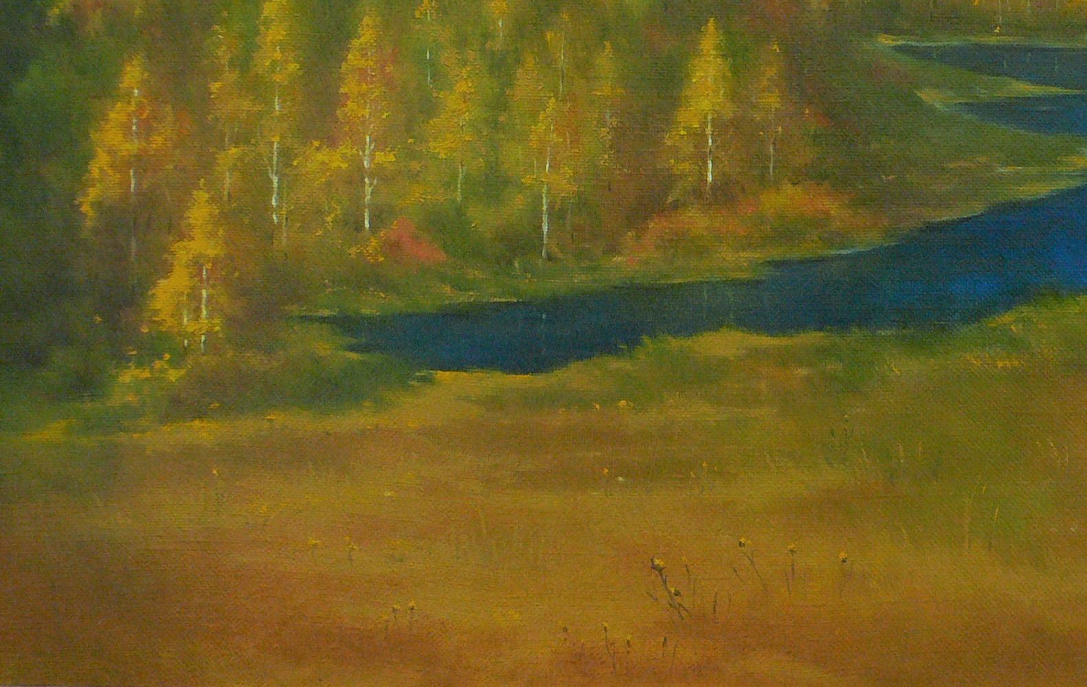Oil painting Golden autumn by Vasily Korkishko: serene river, birch trees