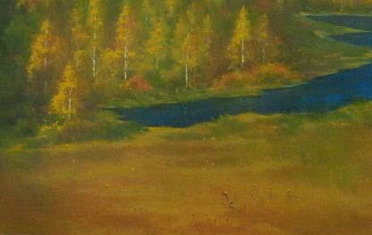 Oil painting Golden autumn by Vasily Korkishko: serene river, birch trees