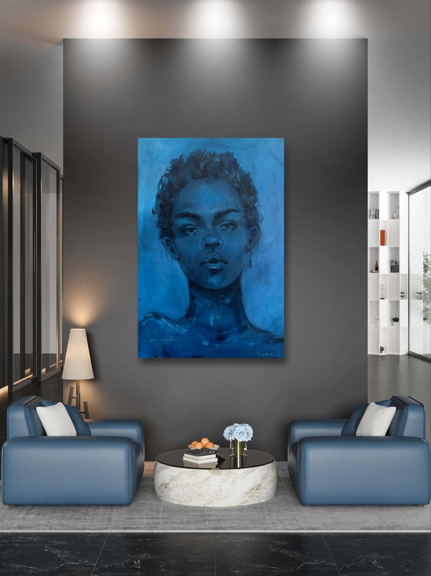 Oil painting Calm Victoria Kagalovska: striking blue portrait of curly-haired woman