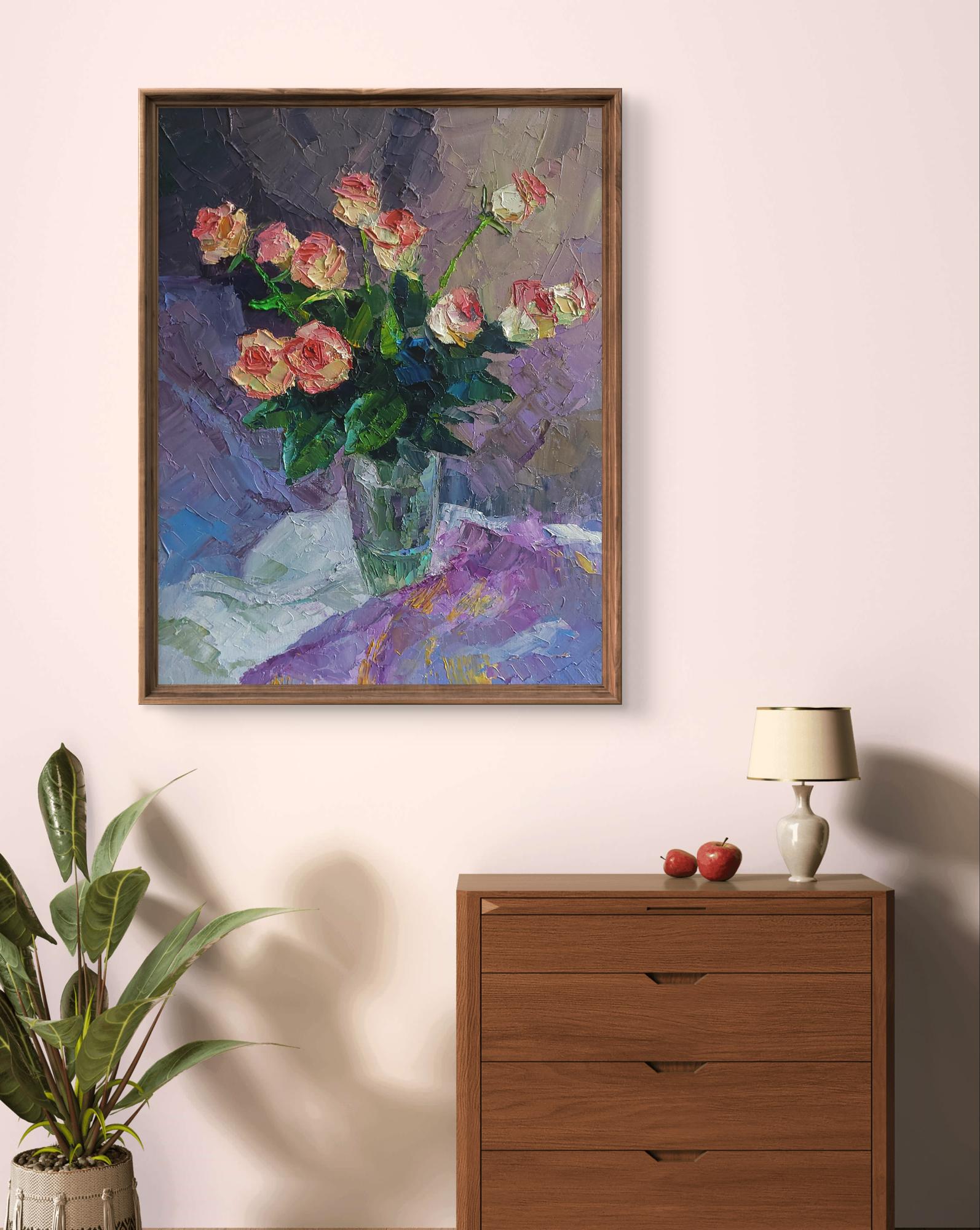 Oil painting Roses in crystal by Boris Serdyuk, pink white roses bouquet