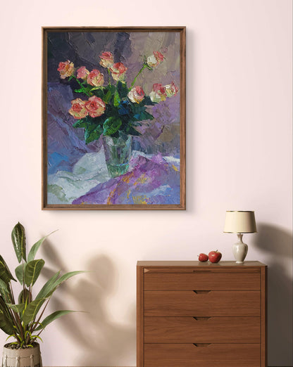 Oil painting Roses in crystal by Boris Serdyuk, pink white roses bouquet