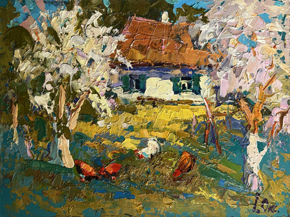 Impasto oil painting by Oksana Ivanyuk of flowering trees in garden house