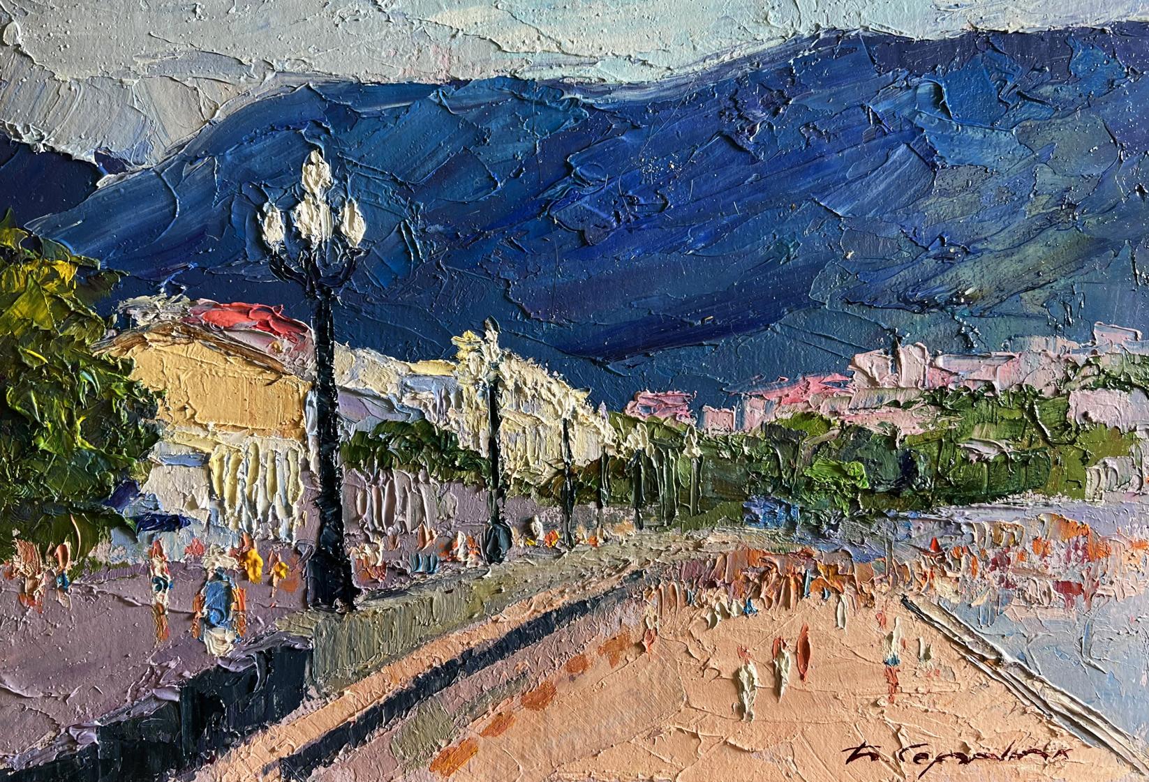 Vibrant impressionist oil painting of city embankment by Boris Serdyuk
