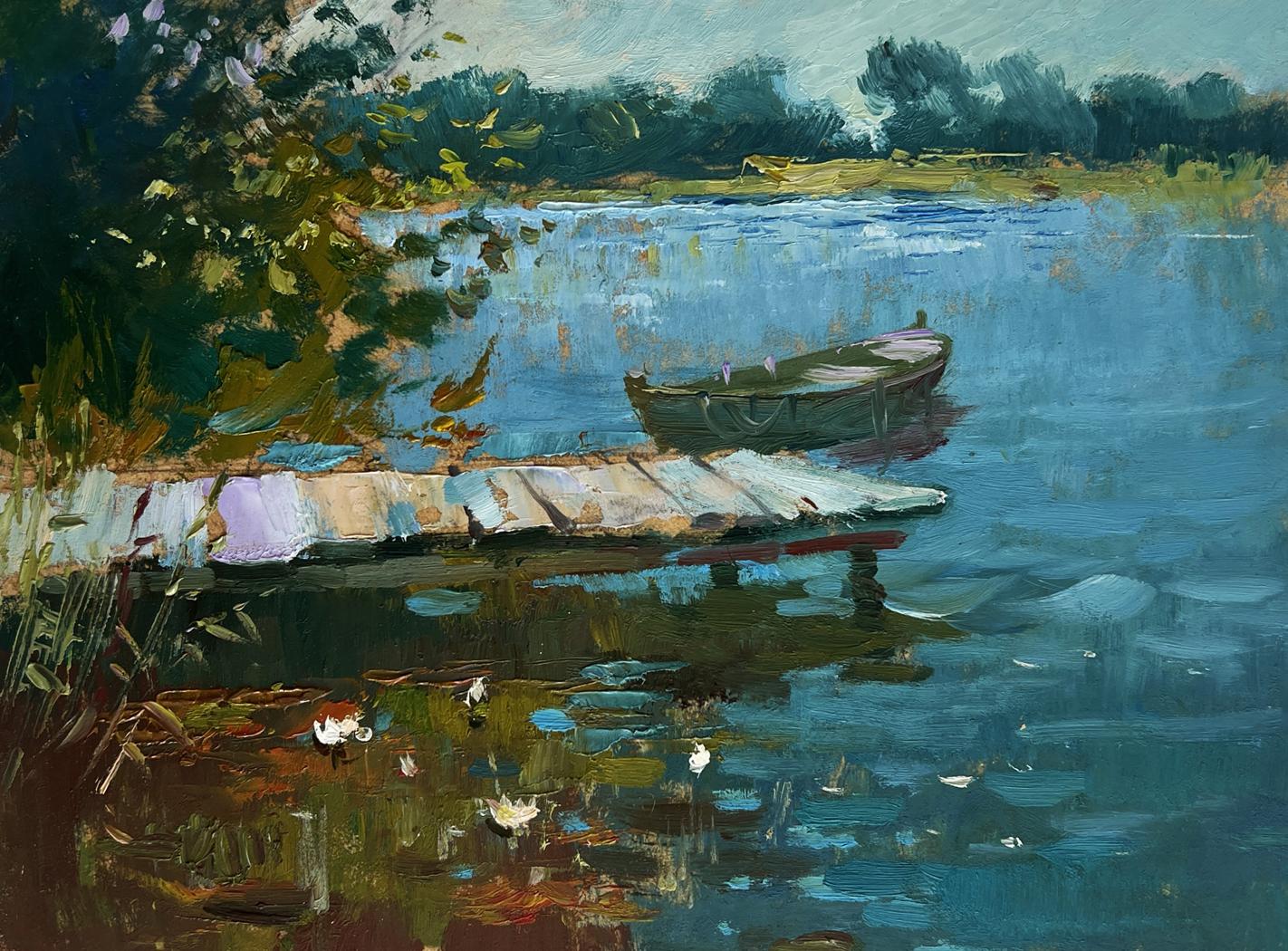 Oil painting by Yuriy Suprunchuk: rowboat on calm water by dock