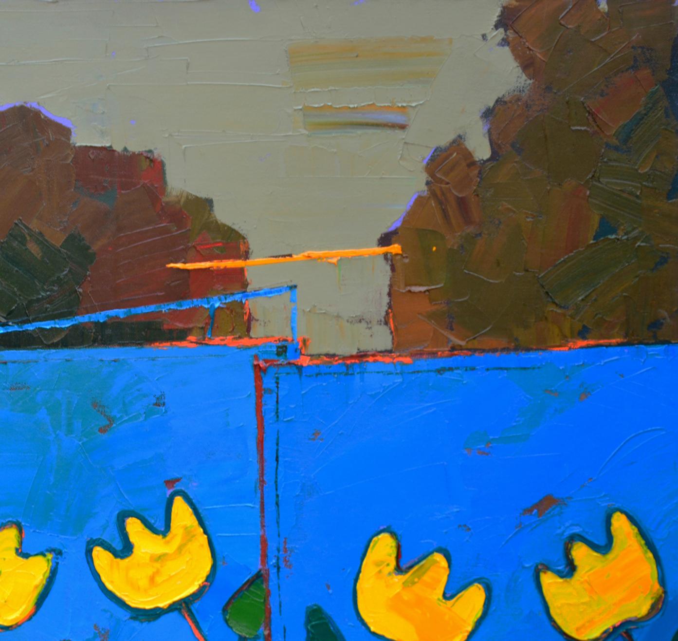 Vibrant oil painting of blue village gates by Natalia Korf-Ivaniuk