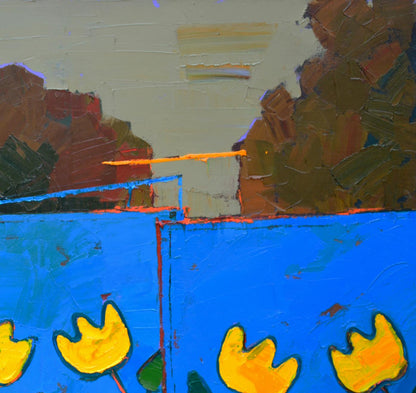 Vibrant oil painting of blue village gates by Natalia Korf-Ivaniuk