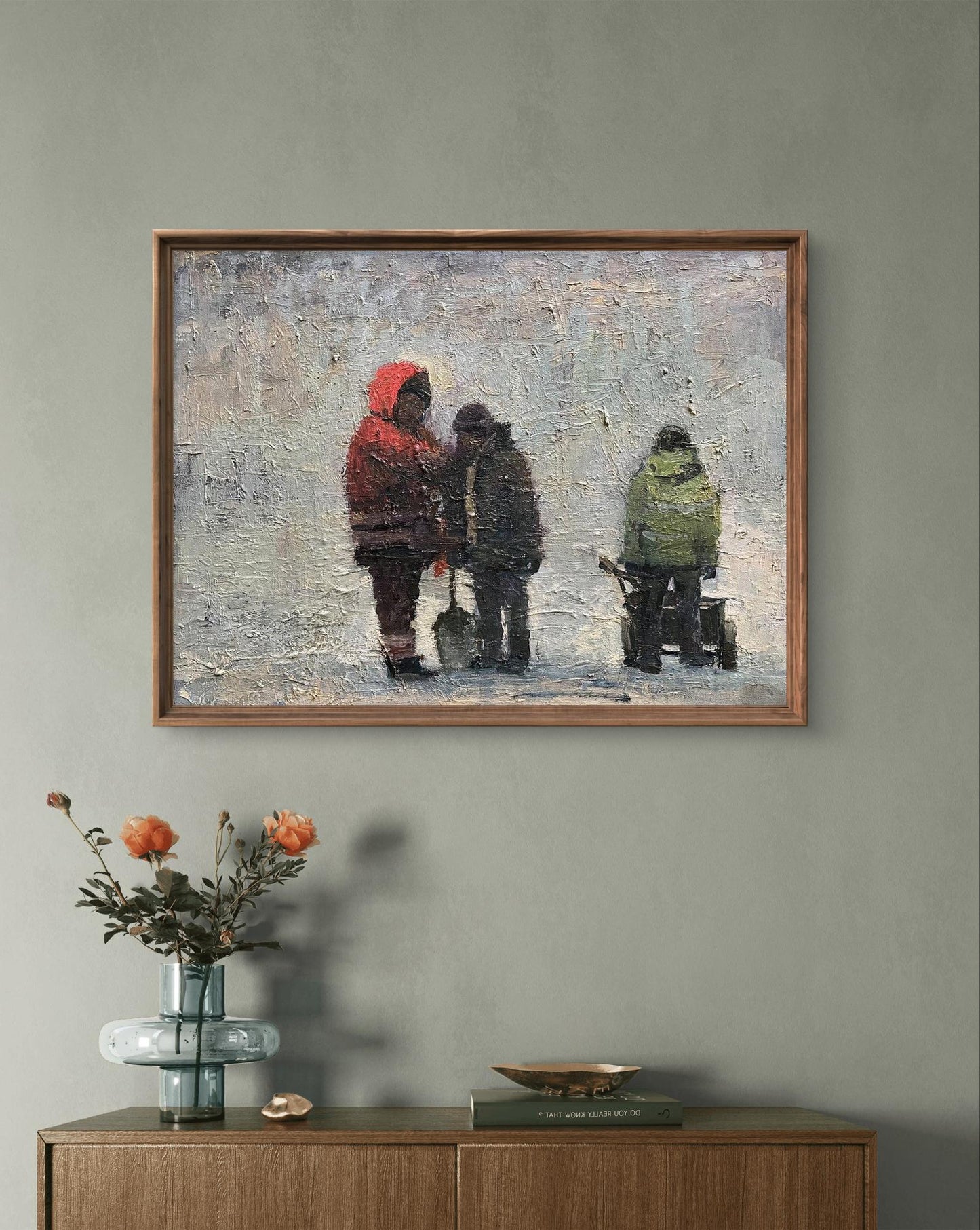Framed oil painting of snowy figures by Volodymyr Pashchenko