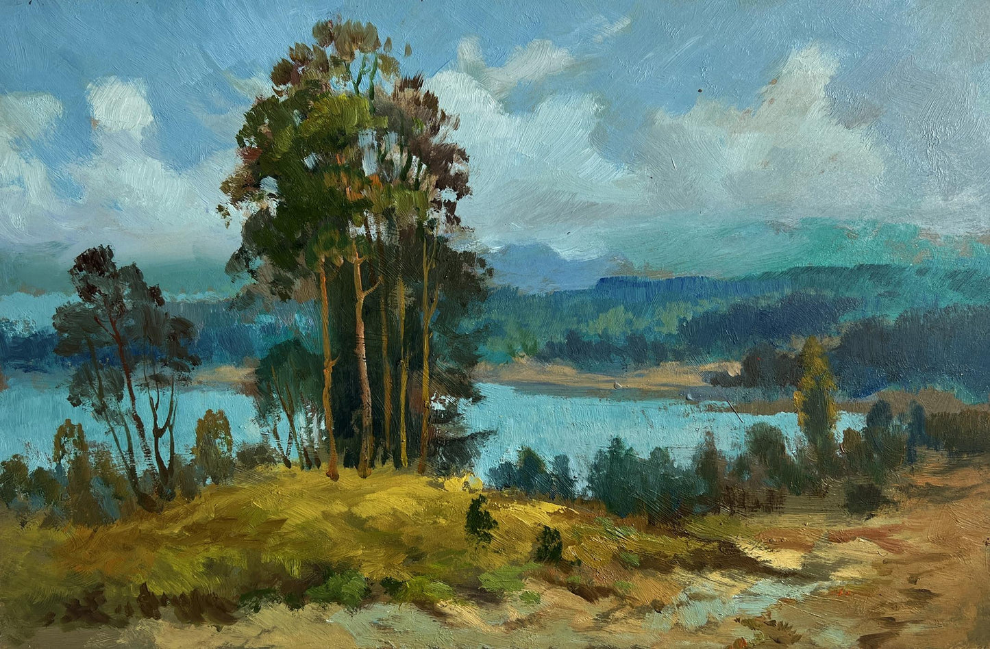 Oil painting River in green embrace by Yuriy Suprunchuk serene lake view