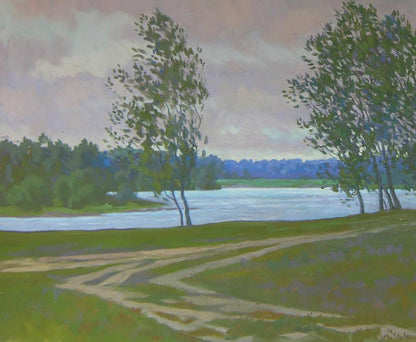 Oil painting Evening wind in the forest by Valery Savenets serene river landscape