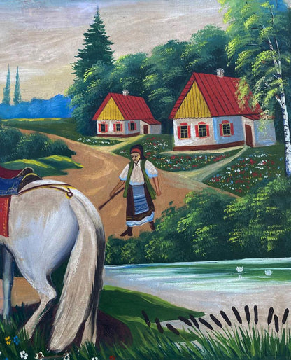 Rustic oil painting of young couple, white horse by cottages and river