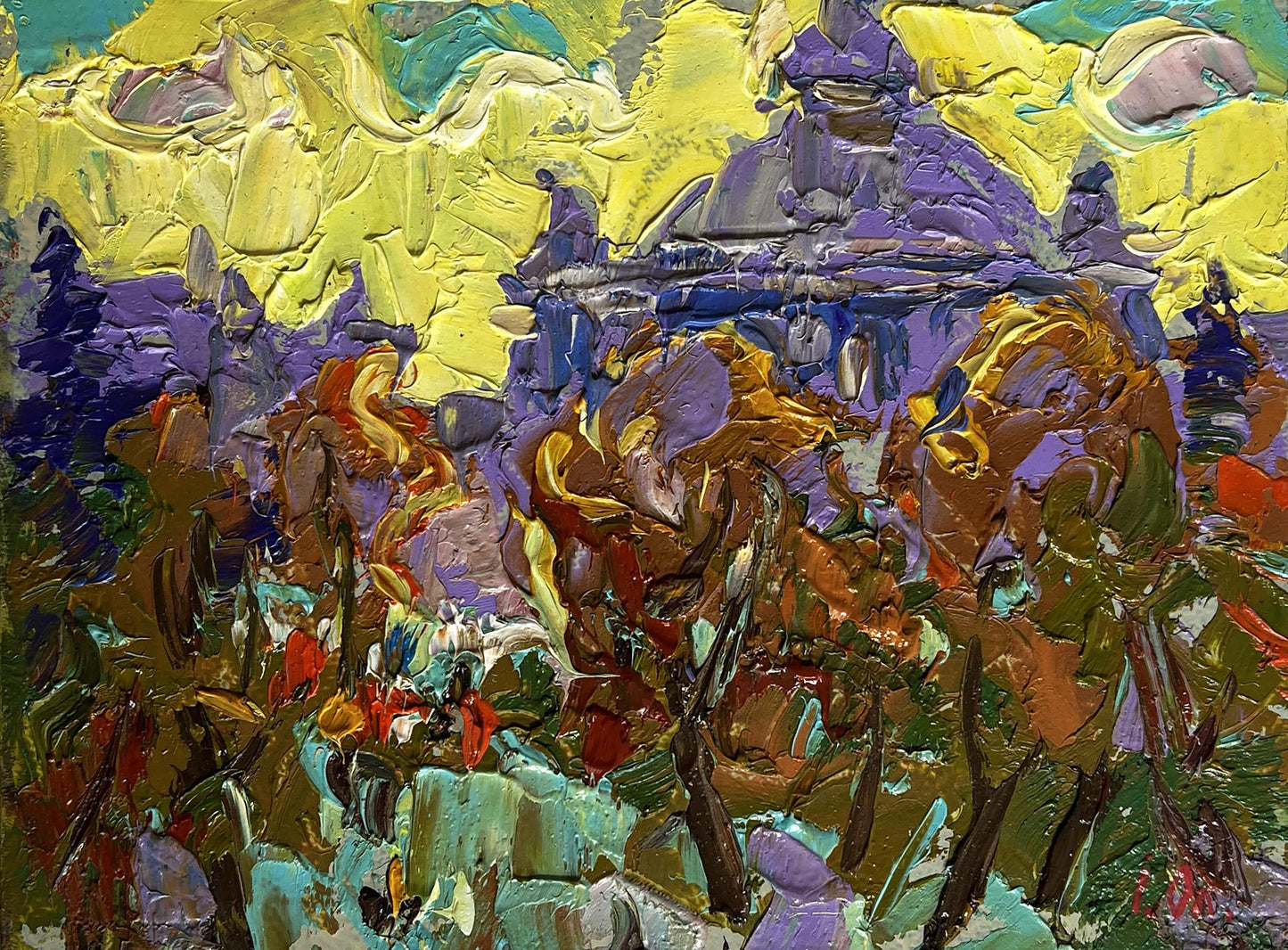 Vibrant impressionist oil painting City yellow sunset by Oleksiy Ivanyuk