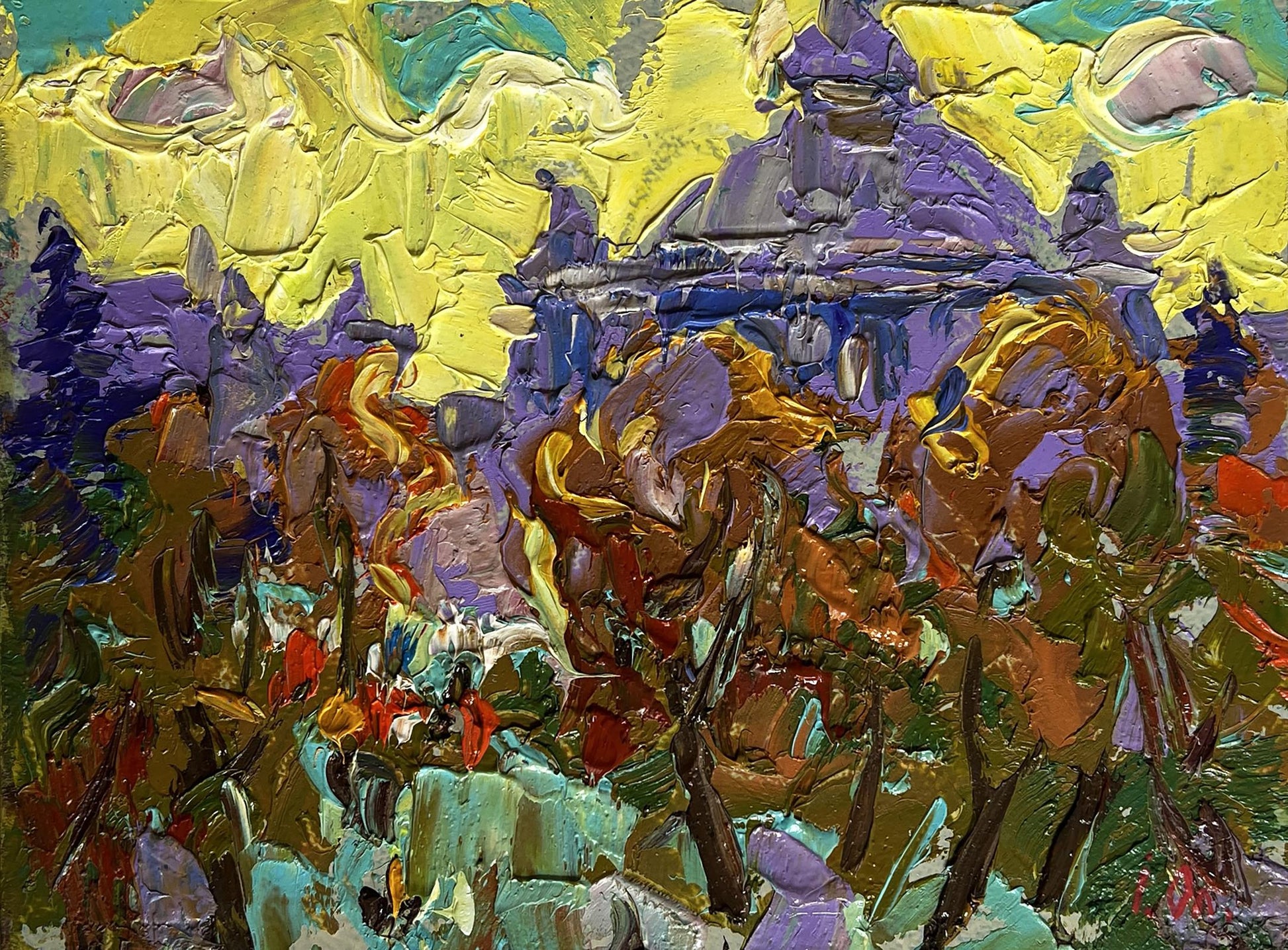 Vibrant impressionist oil painting City yellow sunset by Oleksiy Ivanyuk