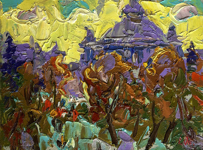 Vibrant impressionist oil painting City yellow sunset by Oleksiy Ivanyuk