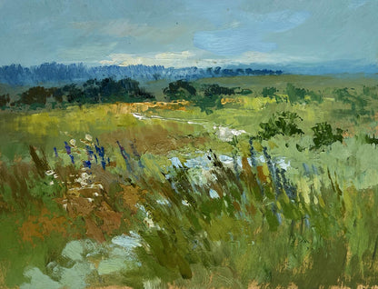 Vibrant impressionist oil painting of sunlit summer flower meadow by Yuriy Suprunchuk