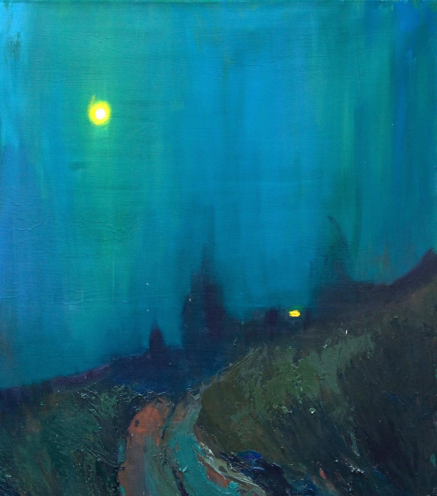 Oil painting Fog over the field by Natalia Korf-Ivaniuk with glowing moon