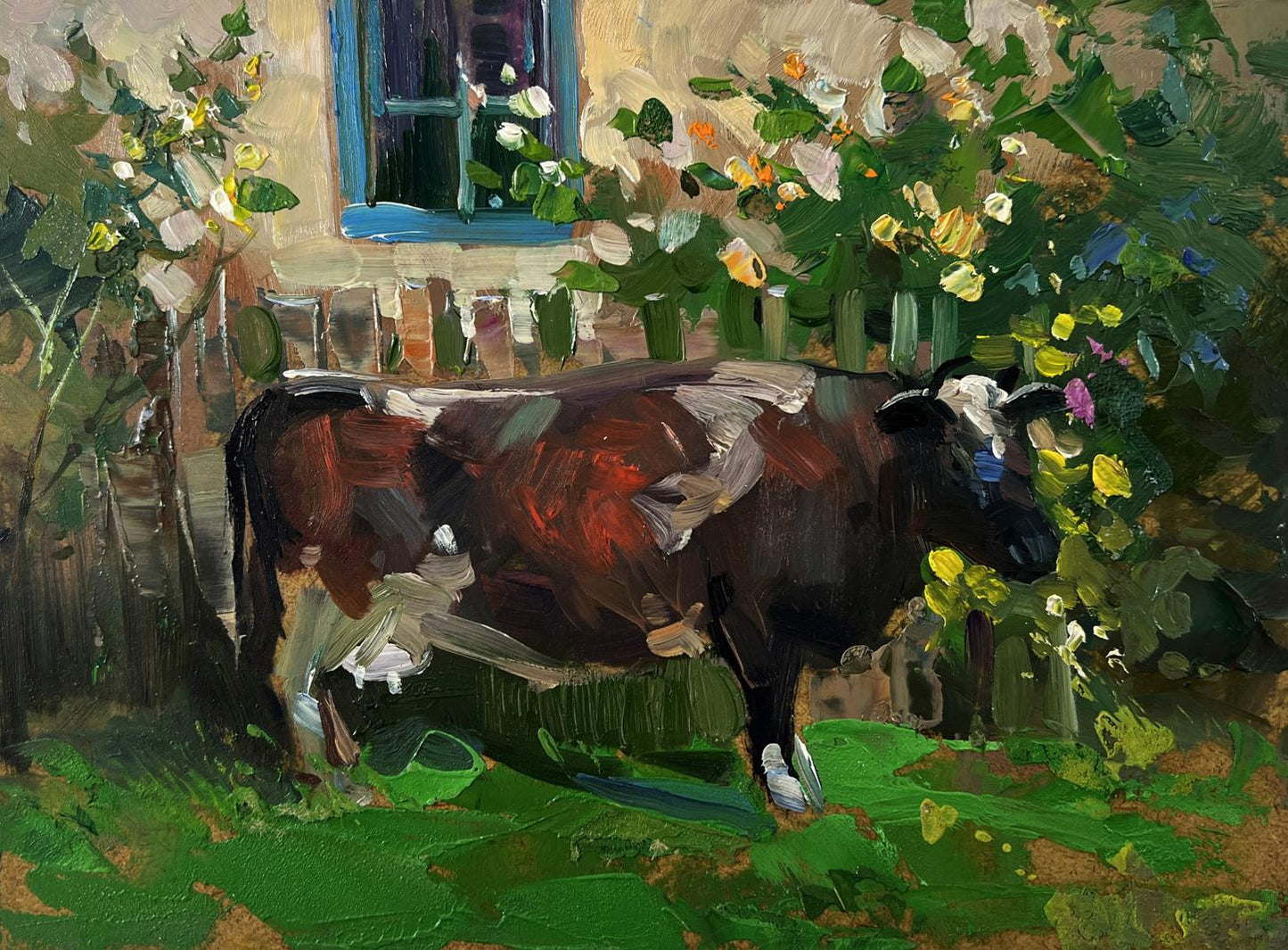 Oil painting of brown cow near house by Yuriy Suprunchuk