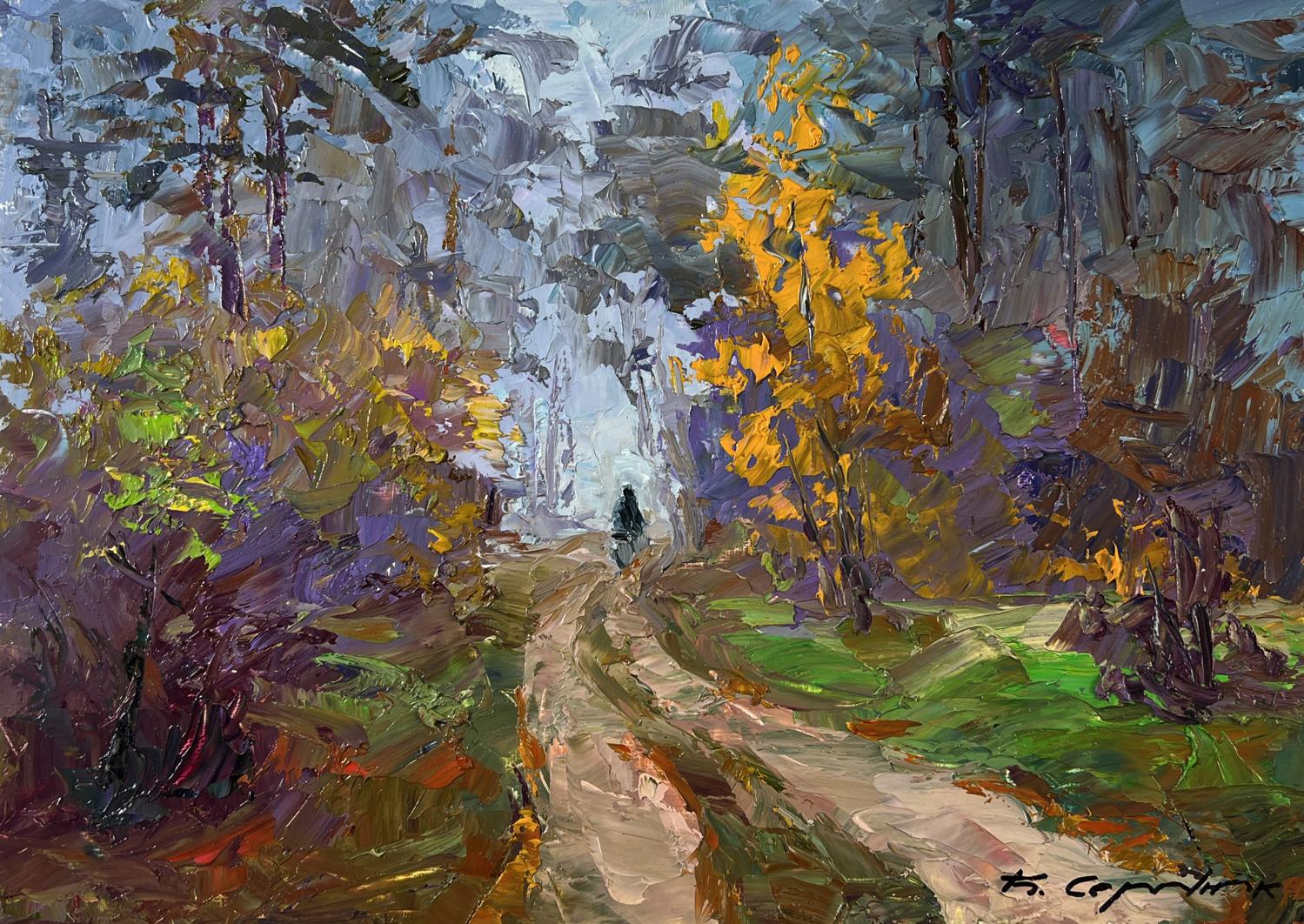 Vibrant impressionist oil painting of mushroom season forest path by Boris Serdyuk