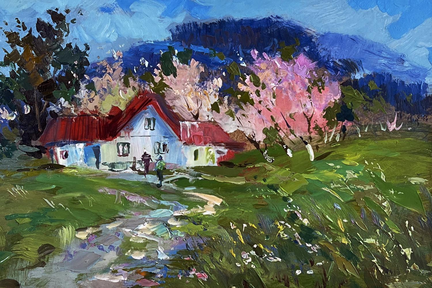 Oil painting of charming white house with red roof among blooming pink trees by Yuriy Suprunchuk