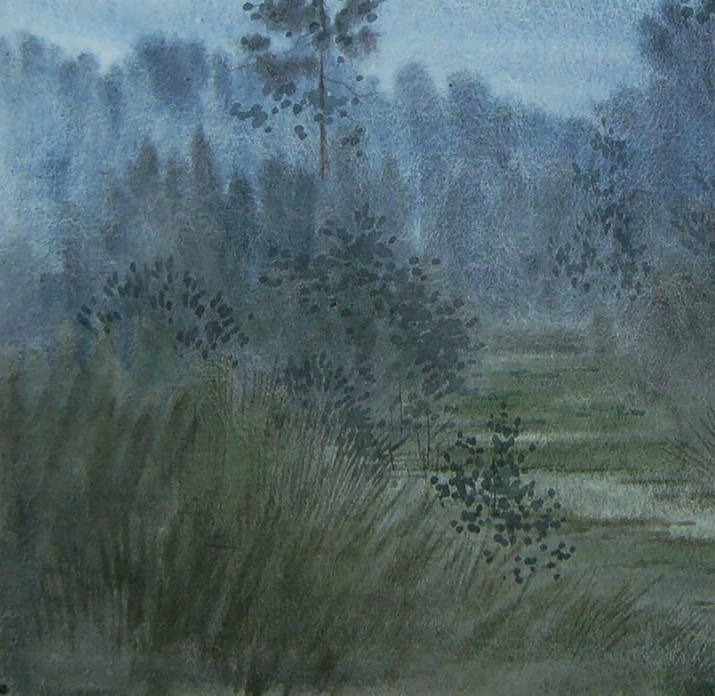 Moonlit misty forest watercolor painting by Valery Savenets
