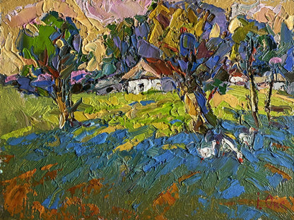 Vibrant impressionist oil painting Geese behind the trees by Oksana Ivanyuk