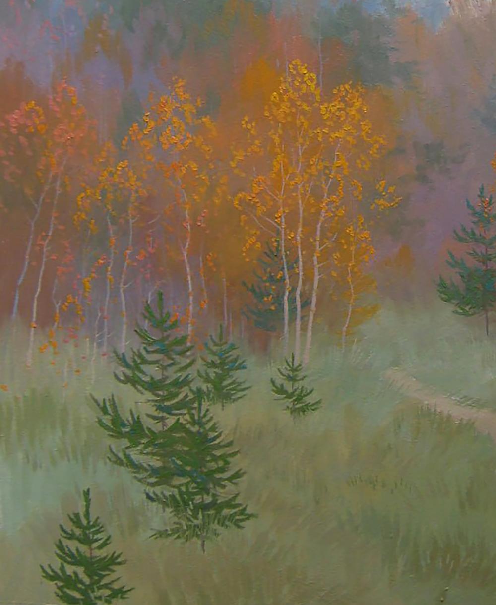 Oil painting Autumn melancholy of nature by Valery Savenets, birch trees in misty forest