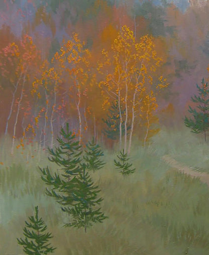 Oil painting Autumn melancholy of nature by Valery Savenets, birch trees in misty forest