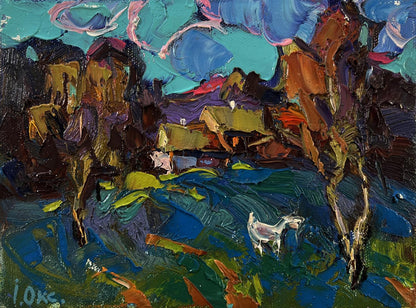 Vibrant impressionist oil painting Day outside the village by Oksana Ivanyuk