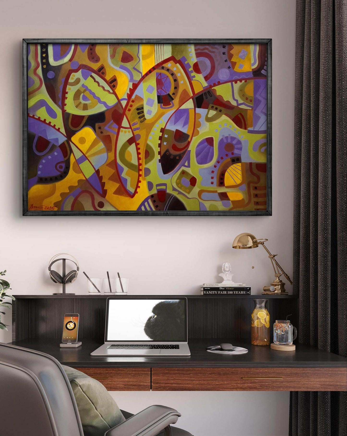 Vibrant Caribbean jazz oil painting by Sergiy Voichenko in black frame