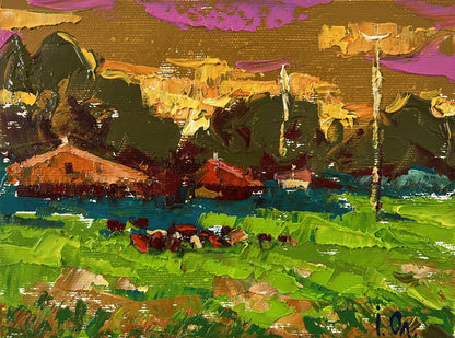 Vibrant impressionist Evening Village oil painting by Oleksiy Ivanyuk