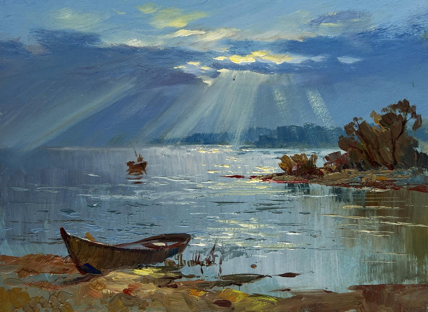 Oil painting by Yuriy Suprunchuk: rustic rowboat on sunlit shoreline